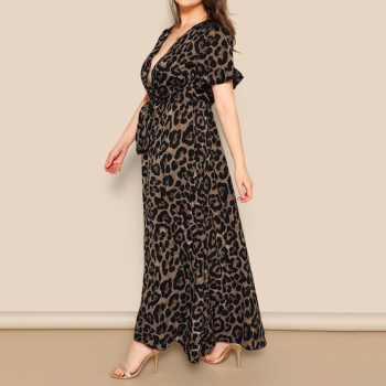 New Summer Autumn Women Dress Sexy Leopard Print V-neck Short Sleeve Long Maxi Dress Lady Beach Party Vestidos Plus Size 5XL